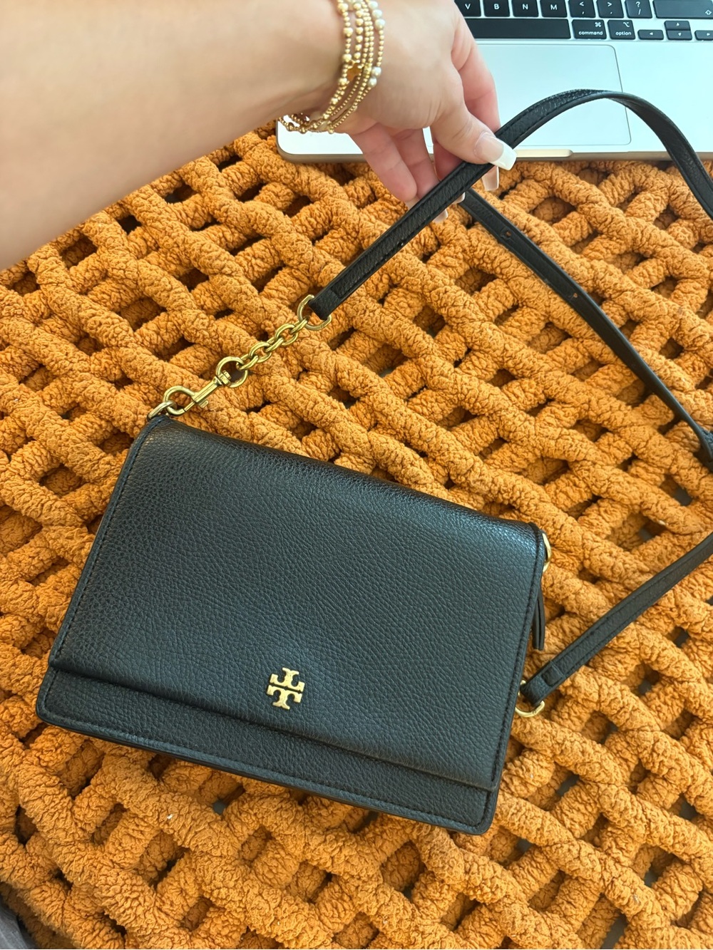 Tory Burch Black Pebbled Leather Crossbody with Gold Hardware